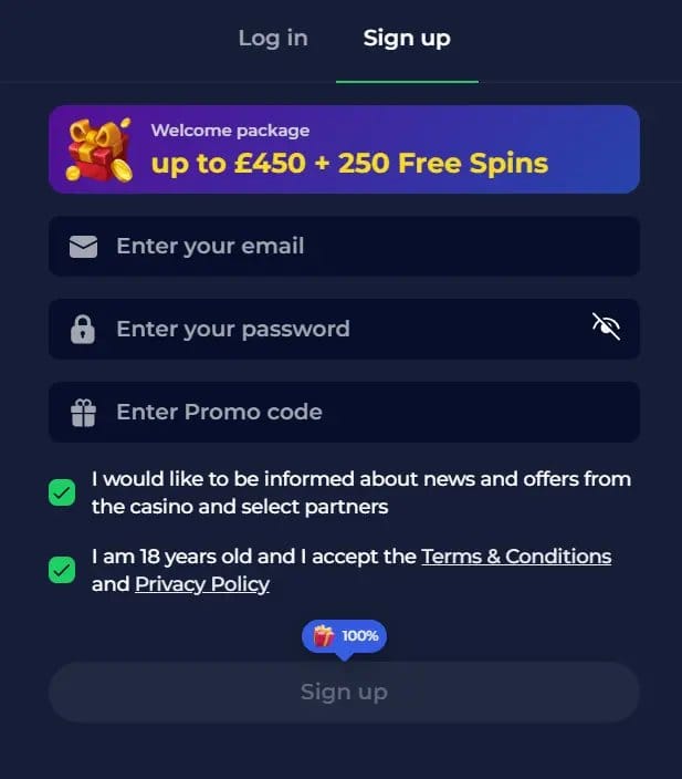 Signup form on a dark app screen: email, password, promo code fields, two green checkmark consent boxes, Terms & Conditions and Privacy Policy links, and a disabled Sign up button with a header showing Log in and Sign up tabs.