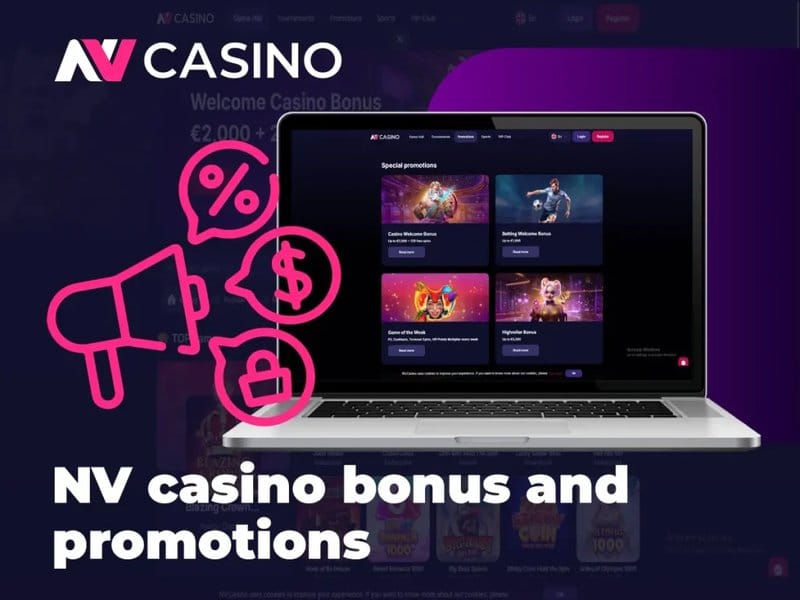 Banner for NV Casino: laptop screen shows promotions with neon icons (megaphone, dollar sign, lock) beside the text NV Casino bonus and promotions.