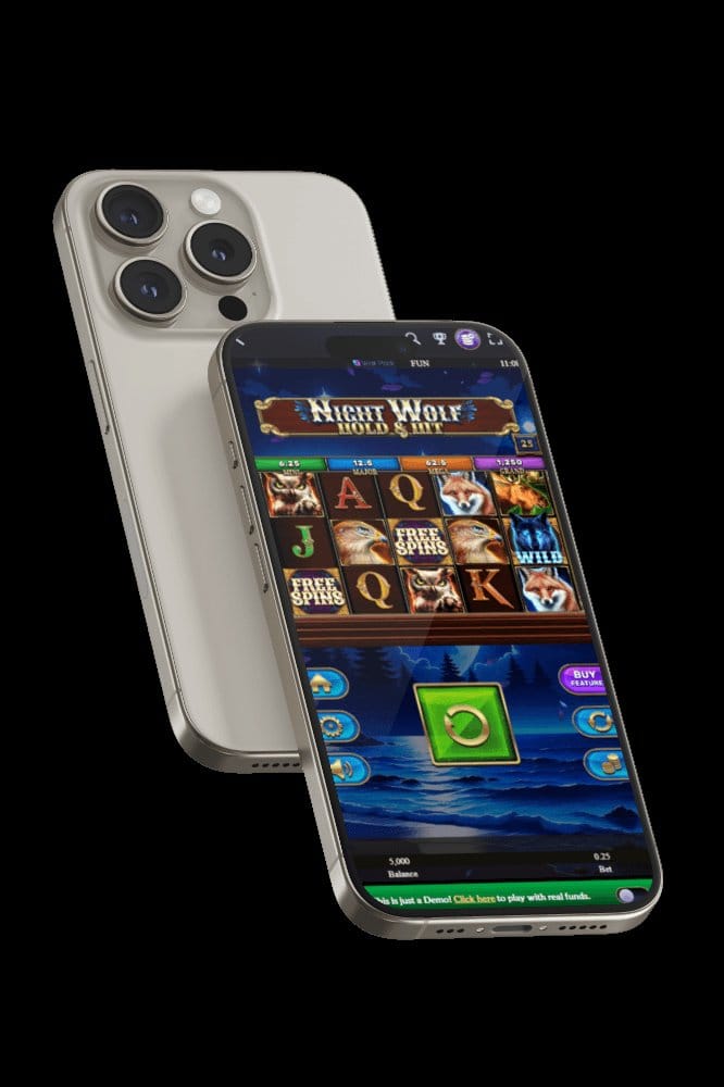Two smartphones angled together displaying a Night Wolf Hold & Spin slot game on screen.