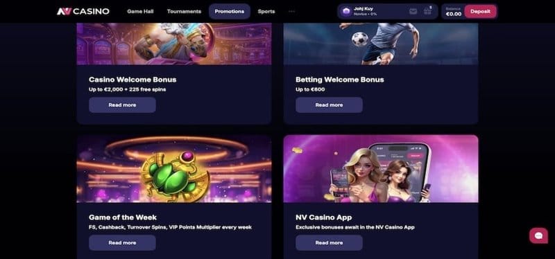 Promotions grid featuring four cards: Casino Welcome Bonus, Betting Welcome Bonus, Game of the Week, and NV Casino App tilbuds with 'Read more' buttons.