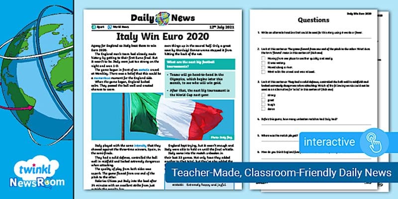 Three-page collage from Twinkl NewsRoom: the 'Daily News' front page with 'Italy Win Euro 2020', a side 'Questions' sheet, and an 'interactive' badge on a blue globe background.