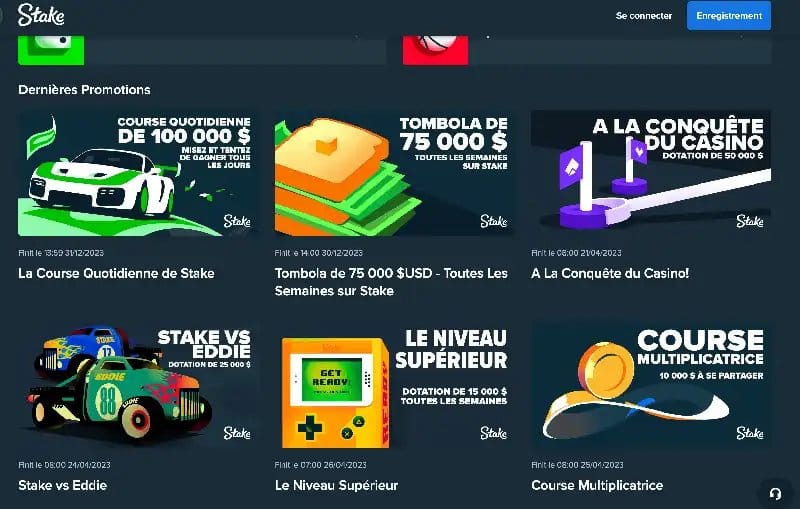 Promotions grid from the Stake app showing six tiles: La Course Quotidienne, Tombola, A La Conquête du Casino, Stake vs Eddie, Le Niveau Supérieur, Course Multiplicatrice.