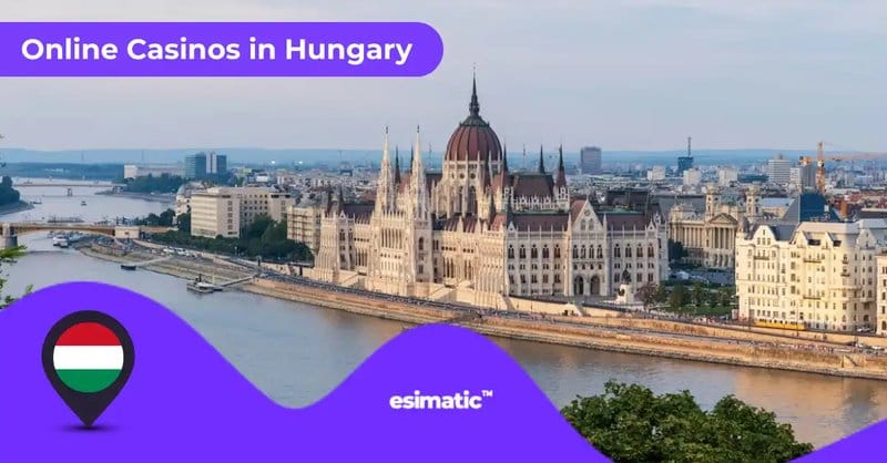 Promotional banner for online casinos in Hungary, featuring Budapest Parliament on the Danube with a purple wave overlay and a Hungary-flag location pin; Esimatic watermark.